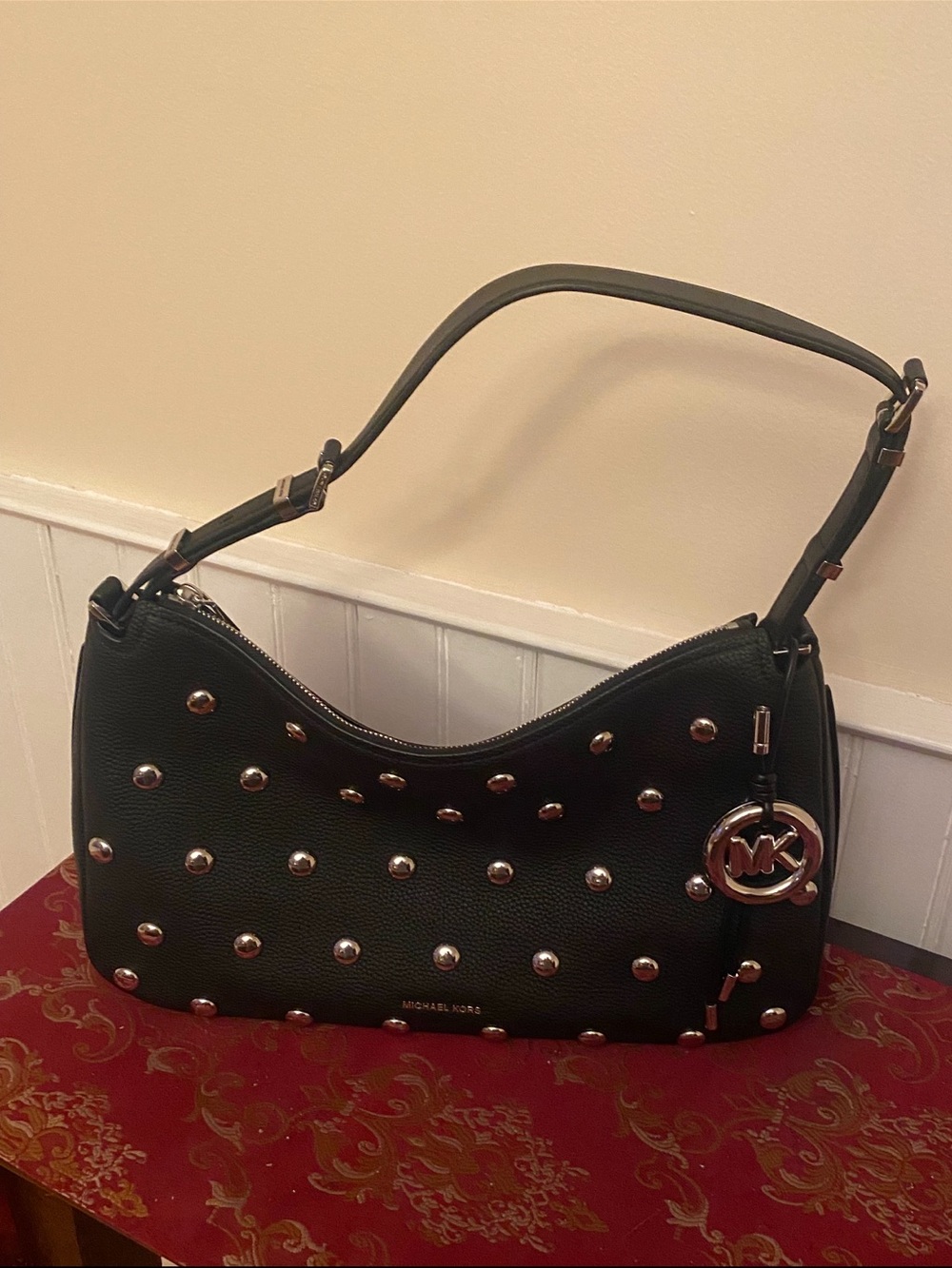 Michael Kors Black Pebbled Leather Studded Shoulder Bag with Silver MK Charm